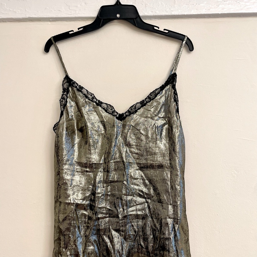 New! Sandro Women’s Lace-Trimmed Metallic Gold Silk Camisole Tank Top Small - Picture 7 of 14